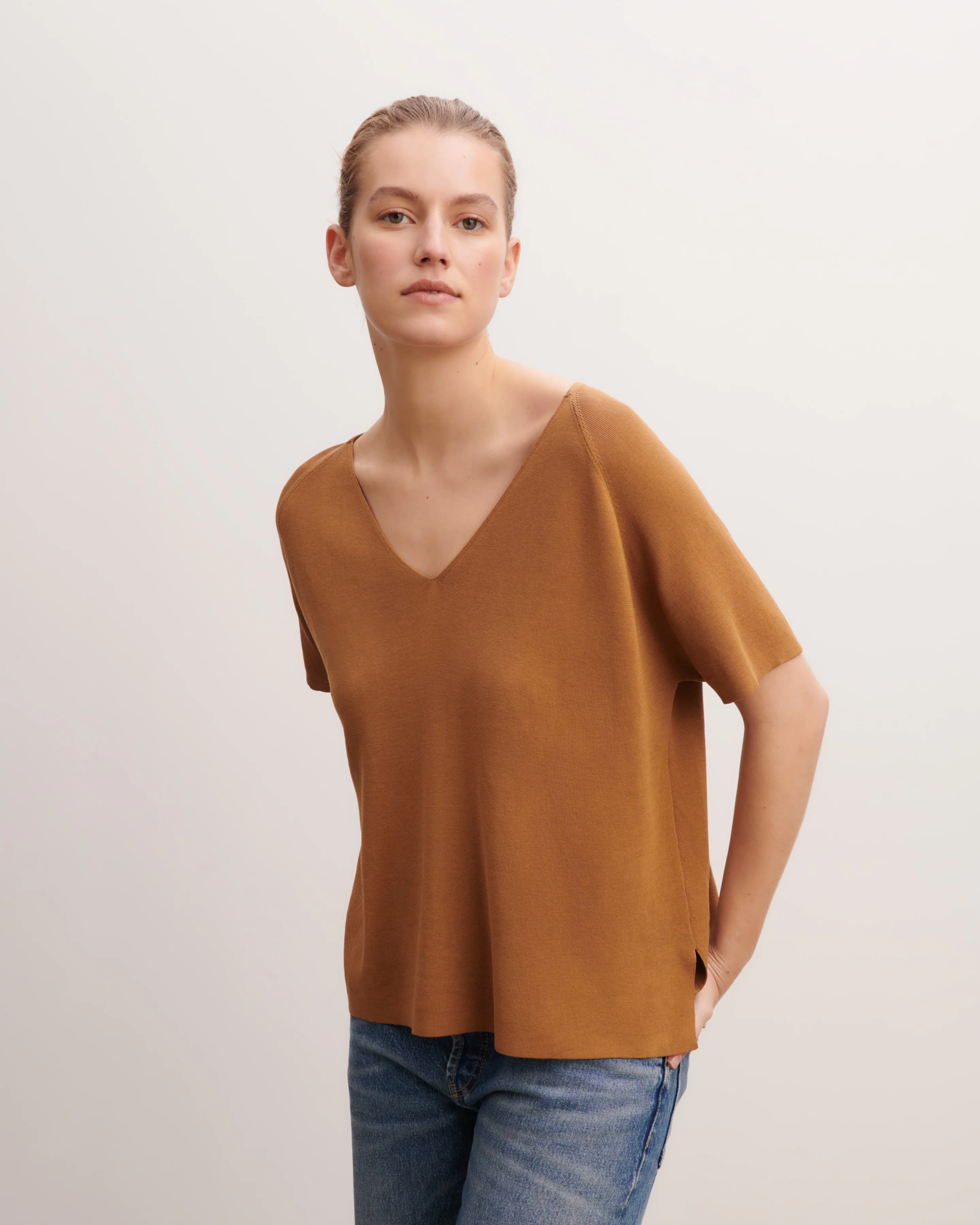 Top col V maille unie